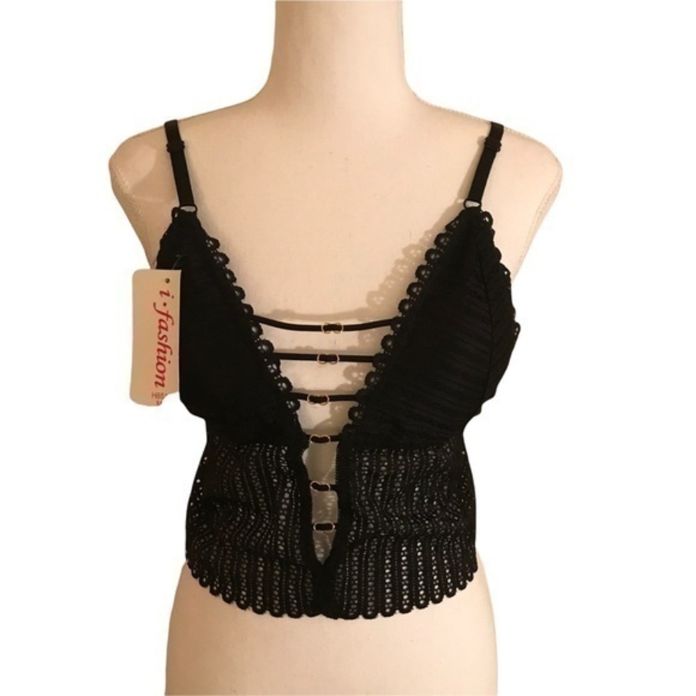 NWT I Fashion black lace crochet bralette Medium
